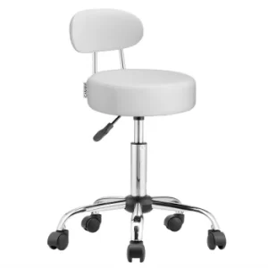 Image of Adjustable Swivel Stool Portable Work Roller Chair on Wheels with Backrest Easy Care Synthetic Leather Chrome Base White or Black White