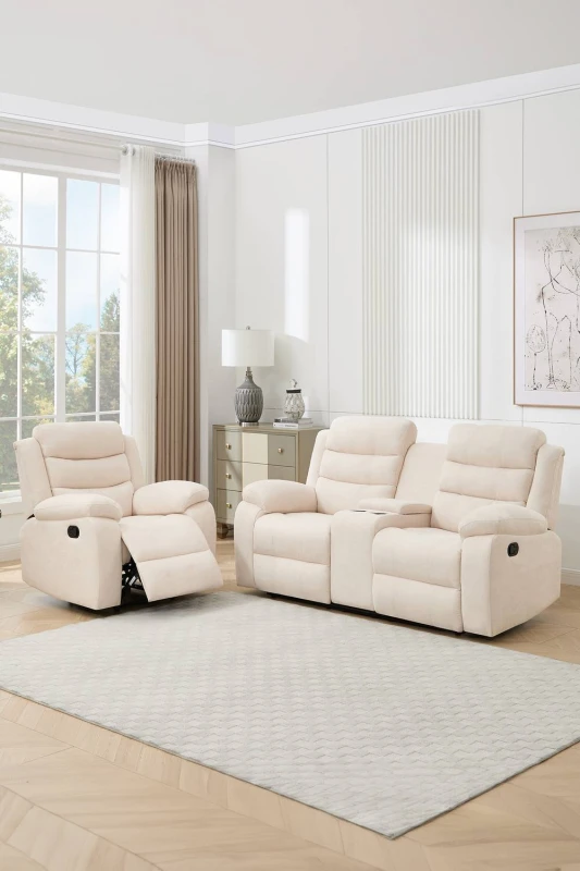 Image of More4Homes Boston Manual Recliner Fabric 1+2 Seater Sofa Set W Drinks Console (Beige)