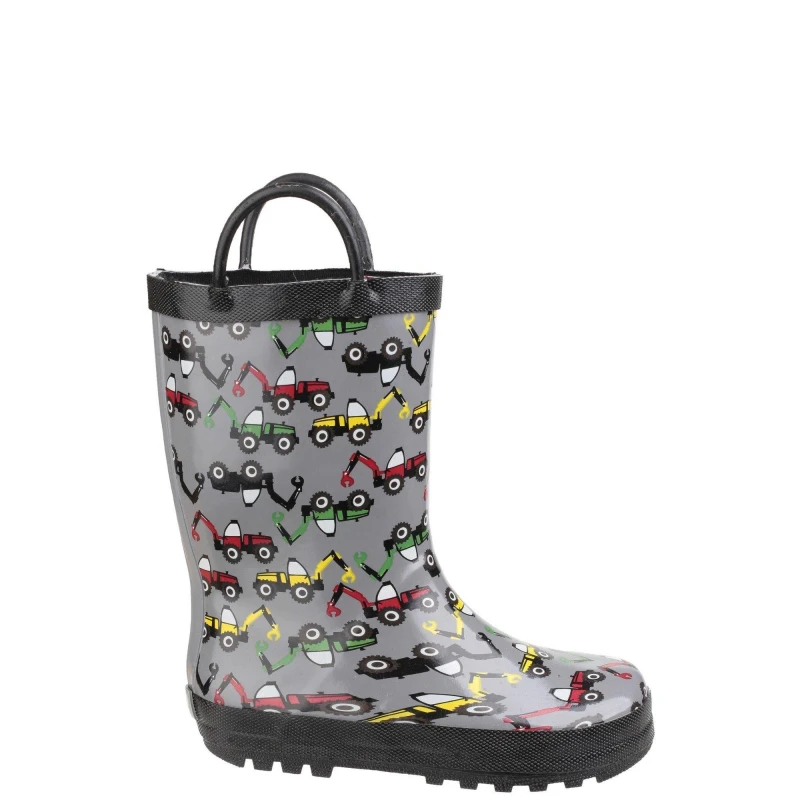 Image of Cotswold Boys Puddle Patterned Rubber Welly Wellington Boot Grey Digger COT309-DIER-12