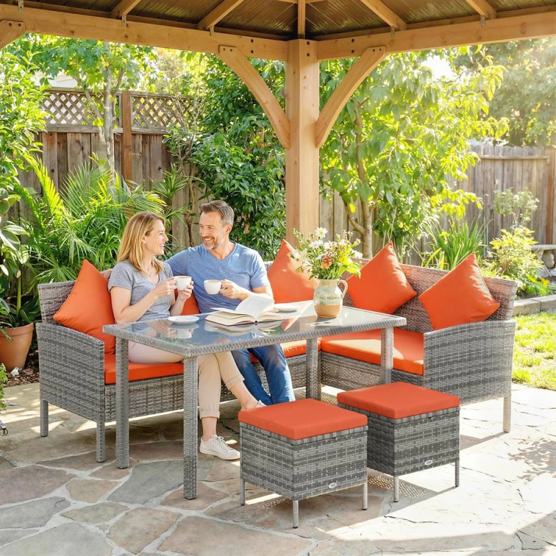 Image of OUTSUNNY 5Pcs Rattan Dining Corner Sofa Set, Garden Furniture Set, Orange Orange Unisex