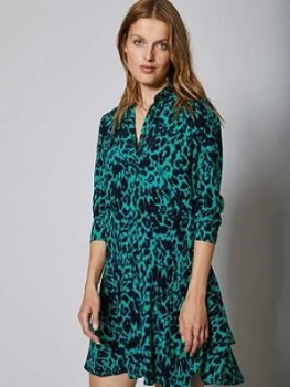 Image of Mint Velvet Isabella Animal Print Tiered Mini Dress - Green