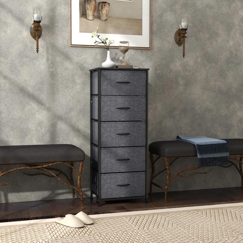 Image of HOMCOM HOMCOM 5 Drawer Fabric Chest of Drawers w/ Wooden Top, Dark Grey Dark Grey One Size Unisex 5063603011069