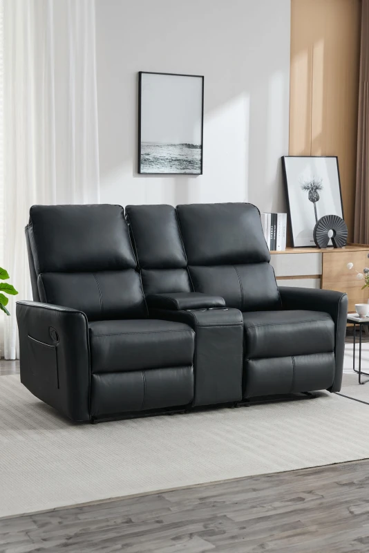 Image of More4Homes Madrid 2 Seater W Console Manual Air Leather Recliner Sofa Black