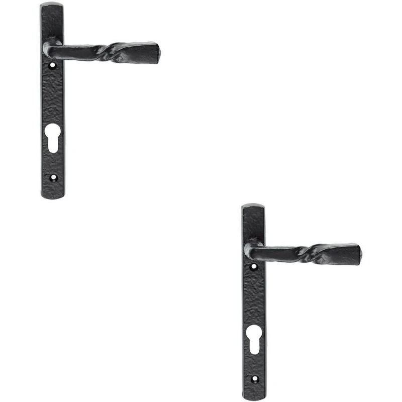 Image of Loops 2x PAIR Ornate Twisted Lever on Narrow Euro Backplate 220 x 28mm Black Antique Black