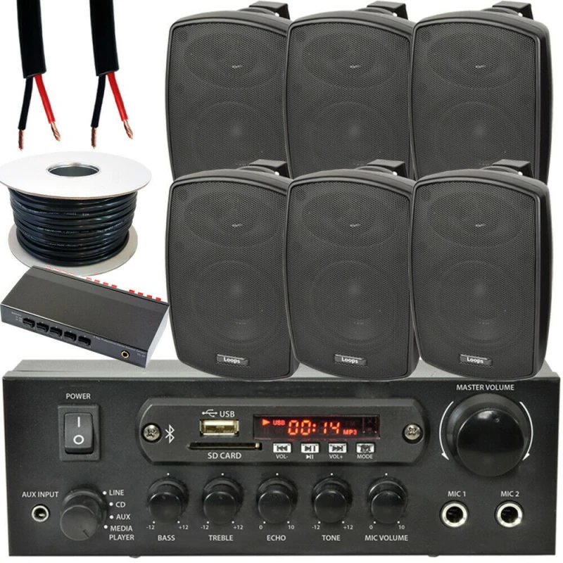 Image of Loops Outdoor Bluetooth Speaker Kit 6x 60W Black Stereo Amplifier Garden BBQ Parties Black unisex