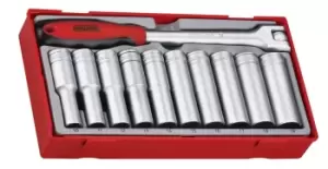 Image of Teng Tools TT1211 10x 1/2" Drive Deep 12pt Socket Set + 10flex handle