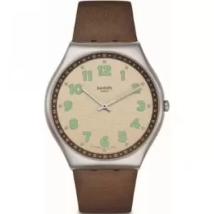 Image of Swatch Tabby Hepcat Brown Leather Strap Beige Dial Steel Case Unisex Watch SS07S135