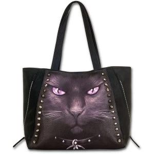 Image of Black Cat Pu Leather Studded Tote Bag