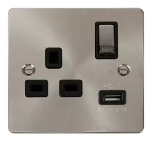 Image of Click Scolmore Define Brushed Steel 1 Gang USB Outlet Switch 13A With Black Ingot Insert - FPBS571BK