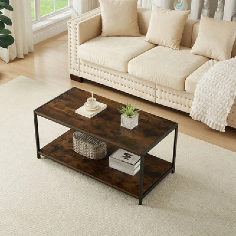 Image of House Of Home Rustic Coffee Table 2 Tier Brown Living Room Table With Metal Frame For Home Decor 100 X 50 X 45Cm