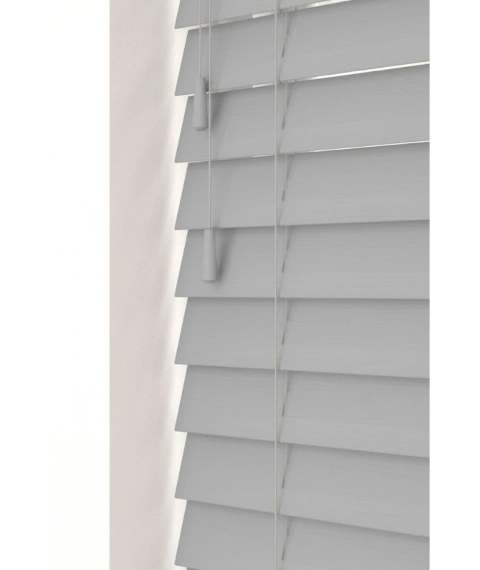 Image of New Edge Blinds Dove Grey 50mm Fine Grain Slatted Faux Wood Venetian Blinds with Strings 120cm Drop in Light Grey Size: 90cm width x 130cm drop Li