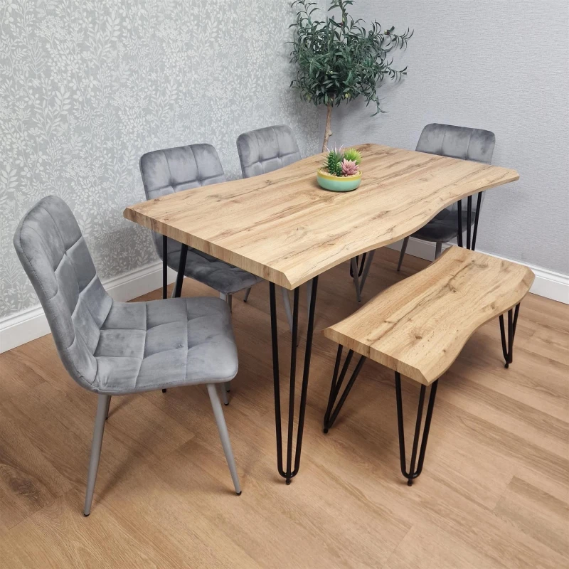 Image of Kosy Koala Dining Table With Bench And 4 Grey Velvet Chairs - Stylish Dining Room Set, Multi ARZ140+4GYRO+B