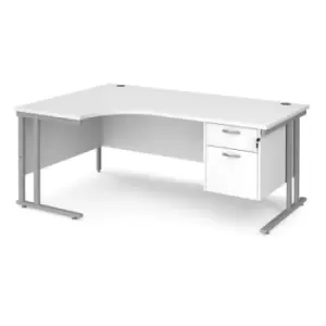 Image of Office Desk Left Hand Corner Desk 1800mm With Pedestal White Top With Silver Frame 1200mm Depth Maestro 25 MC18ELP2SWH