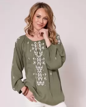 Image of Cotton Traders Womens Embroidered Crinkle Long Sleeve Blouse in Green