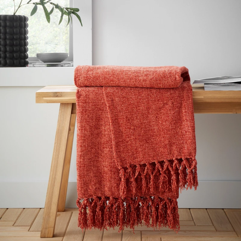 Image of Catherine Lansfield 'Wilson Plain Chenille' Blanket Throw Terracotta