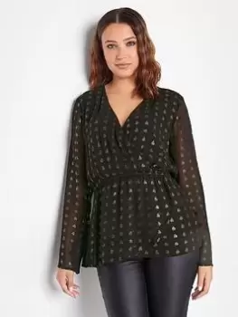 Image of Long Tall Sally Black/sliver Lurex Spot Wrap Top, Black, Size 14, Women