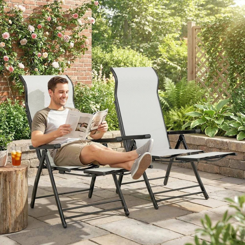 Image of OUTSUNNY Folding Reclining Garden Chairs Set of 2 with Footrest in Light Grey Size: 120 Light Grey Unisex 120