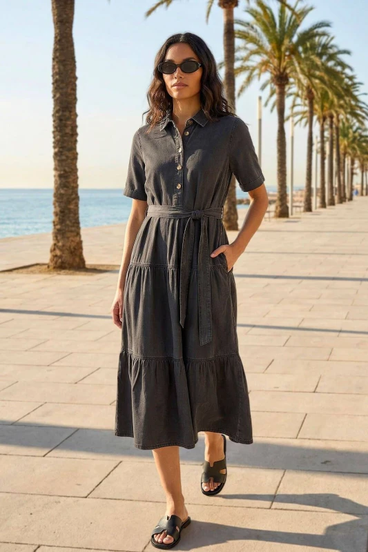 Image of Roman Womens Button Detail Tiered Midi Dress in Black Size: 20 Black Female 20