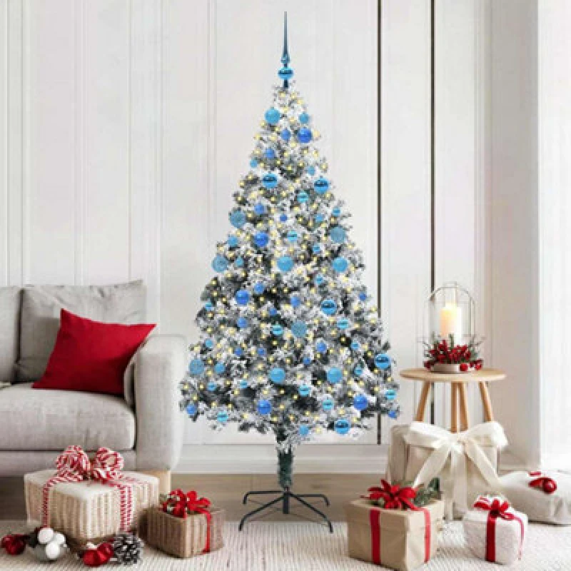 Image of vidaXL Artificial Christmas Tree with 300 LEDs with Stand, Blue Balls Snow Flocked Green 180 cm, Green 3396969