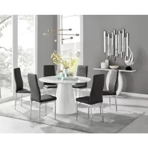 Image of Furniturebox Palma White High Gloss 6 Seat Minimalist Post Modern Round Dining Table & 6 Black Milan Chrome Leg Faux Leather Chairs