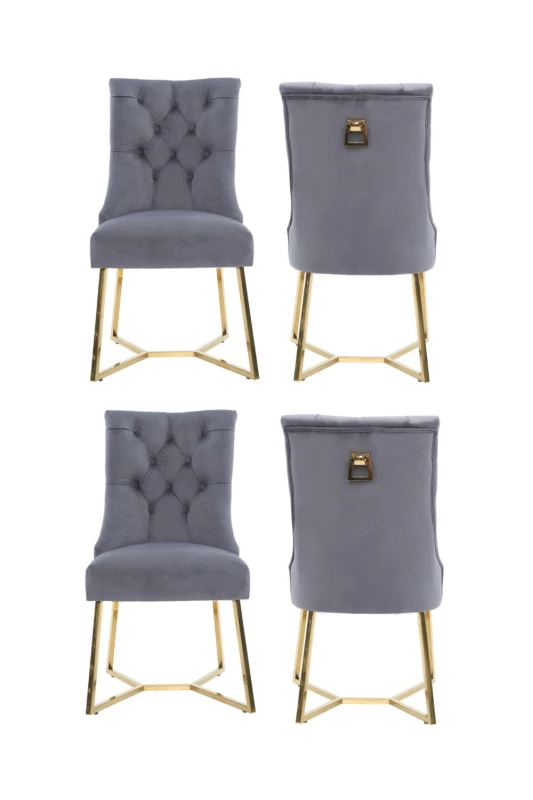 Image of Life Interiors Life Interiors Set of 4 Ambra Modern Velvet Dining Chairs with Gold Legs, Ring Handle & Tufted Back in Grey Grey One Size Unisex 505666