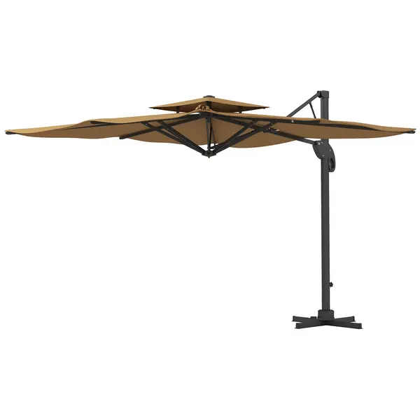 Image of Outsunny Garden Parasol, 3(m) Cantilever Parasol with Hydraulic Mechanism, Dual Vented Top, 8 Ribs, Cross Base, Khaki
