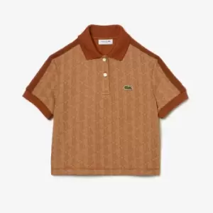 Image of Lacoste Womens Regular Fit Contrast Collar Monogram Print Polo Shirt Size 6 Beige / Brown