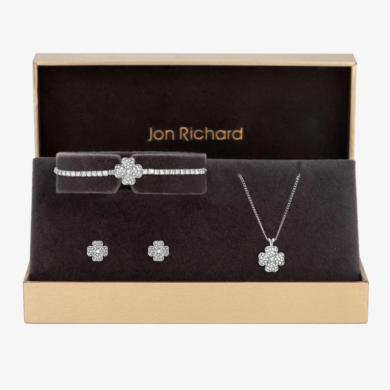 Image of Jon Richard Silver Plated and Pave Clover Trio Set - Gift Box Silver female One Size