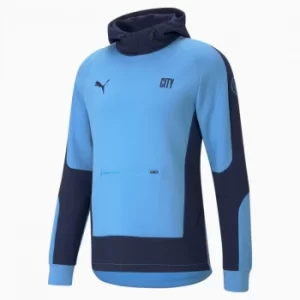 Image of PUMA Man City Evostripe Mens Football Hoodie, Light Blue/Peacoat, size X Large, Clothing