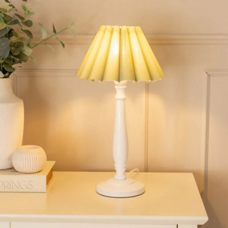 Image of ValueLights Victoria White Wood Candlestick Table Lamp with Scallop Tapered Shade and Bulb Pale Green