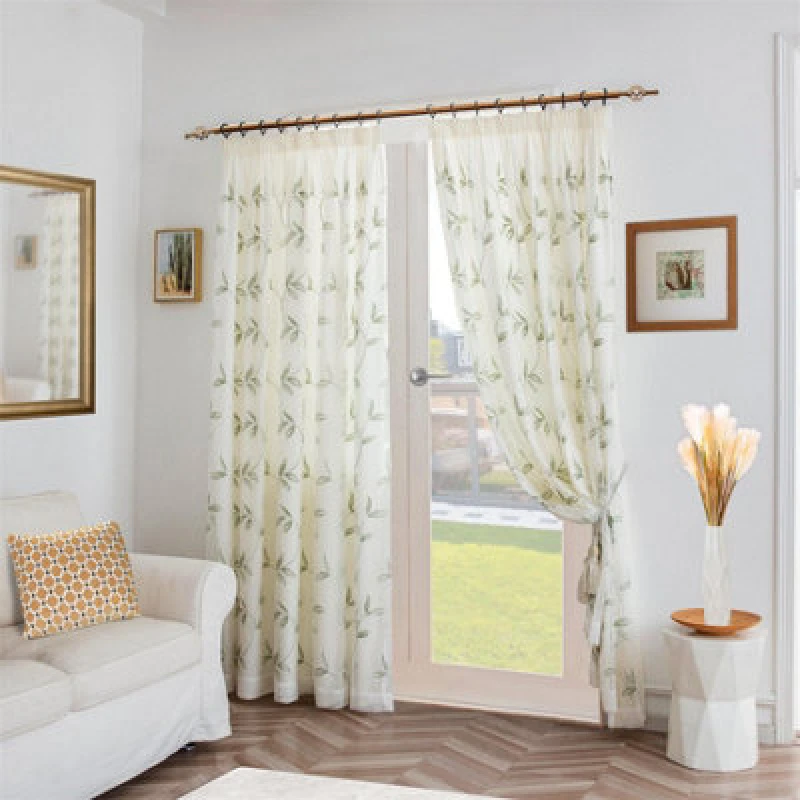 Image of Luxury Living Leaf Embroidered Tulle Voile Curtains Pencil Pleat in Green Size: 147cm width x 229cm drop Green Unisex 147cm width x 229cm drop