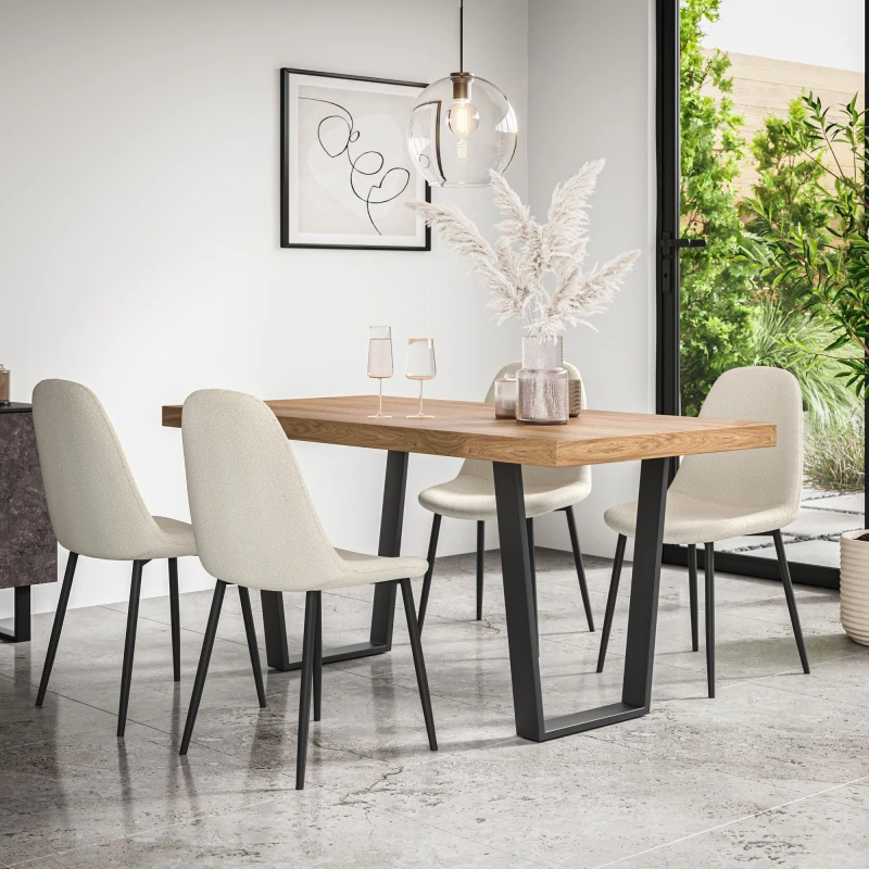 Image of More4Homes Aria Dining Table And Chairs - Oak Effect Table Top W Black Legs + Maya Boucle Dining Chair Set Of 4 (Ivory White)
