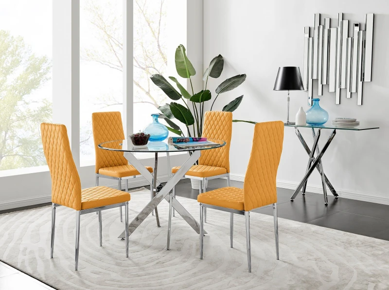 Image of FurnitureboxUK FurnitureboxUK Novara Clear Tempered Glass 100cm Round Dining Table with Chrome Starburst Legs & 4 Milan Faux Leather Chairs in Mustard