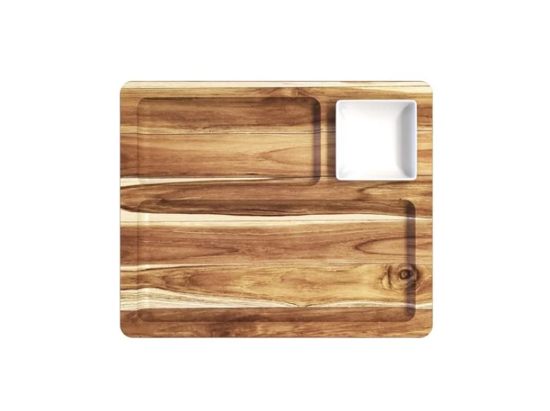 Image of Stolf Square Teak Wood Serving Board 3 Compartments with Porcelain Bowl 28 x 23cm Natural unisex
