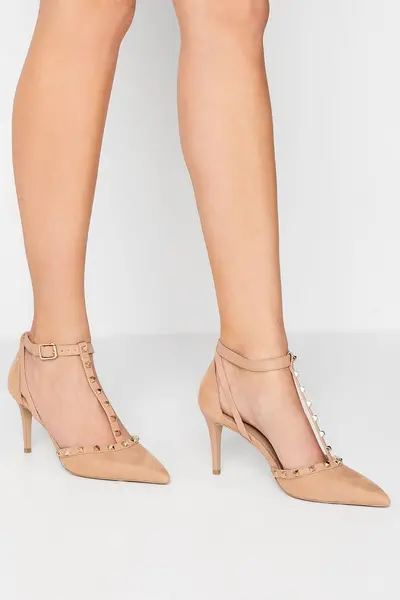 Image of Long Tall Sally Studded T-Bar Court Heel Shoes Medium Beige