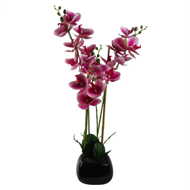Image of Leaf 70cm Artificial Orchid Dark Pink with Black Ceramic Planter Dark Pink
