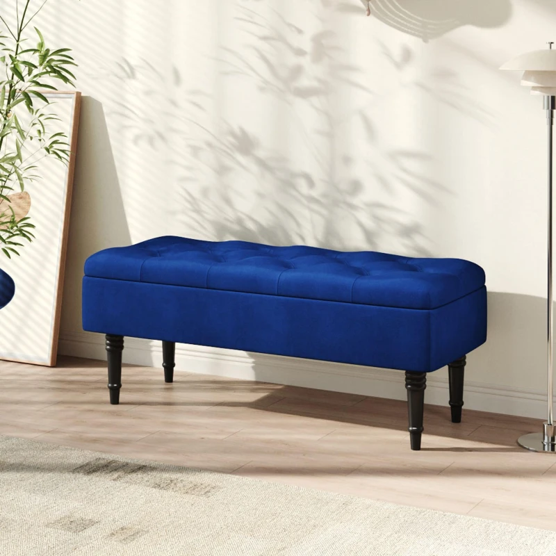 Image of Cottonfy UK Velvet Ottoman Bench with Hinged Lid - Blue Blue M