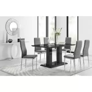 Image of Furniturebox UK - Furniturebox Imperia 6 High Gloss Black Modern Dining Table and 6 Grey Milan Faux Leather Dining Chairs With Silver Legs Diamond