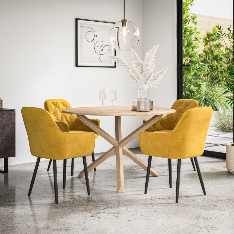 Image of More4Homes Malvern Round Dining Table And Chairs - Oak Table Top W Solid Oak Legs + Anika Velvet Dining Chair Set Of 4 (Mustard)