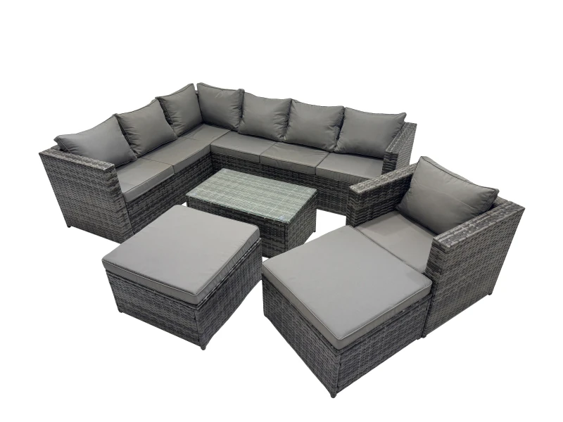 Image of Fimous Outdoor Rattan Rectangular Coffee Table Corner Sofa Sets Garden Furniture Set With 2 Big Stools Dark Grey Mixed