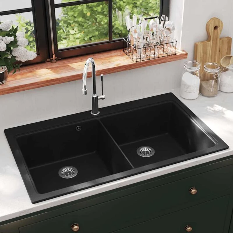 Image of VIDAXL Overmount Kitchen Sink Double Basin Granite Black Vidaxl 8718475941439