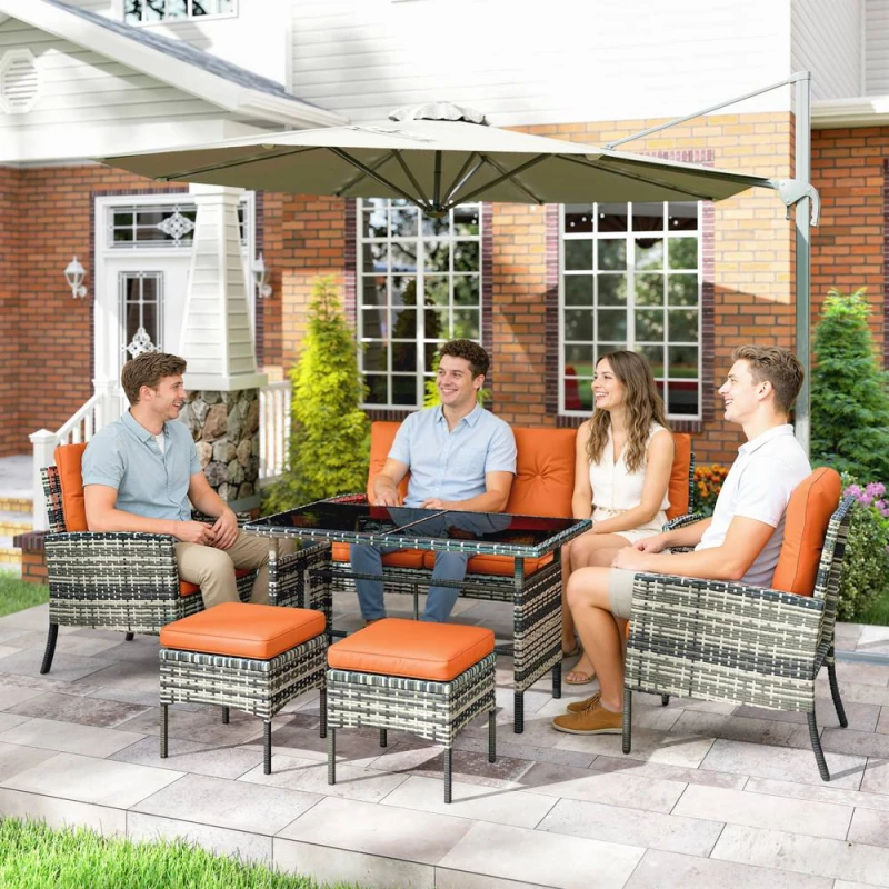 Image of OUTSUNNY 6 Pieces Rattan Garden Furniture Sofa Set with Cushions, Orange Orange Unisex