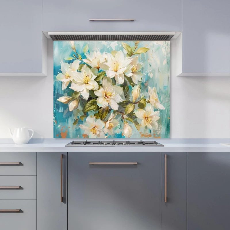 Image of Warren Reed - Designer Fresh Jasmine in Blue Hue Kitchen Splashback Size: 900mm x 650mm Multicolor Unisex 900mm x 650mm