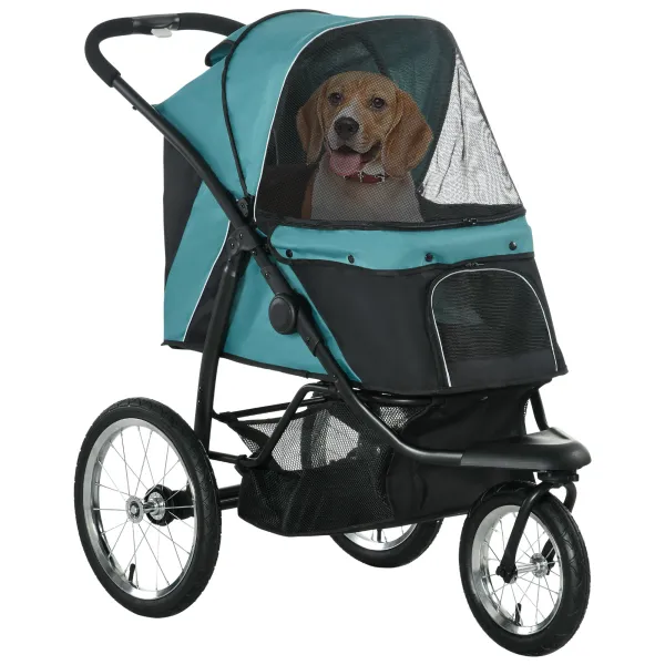 Image of PawHut Pet Stroller Jogger for Medium, Small Dogs, Foldable Cat Pram Dog Pushchair w/ Adjustable Canopy, 3 Big Wheels - Dark Green