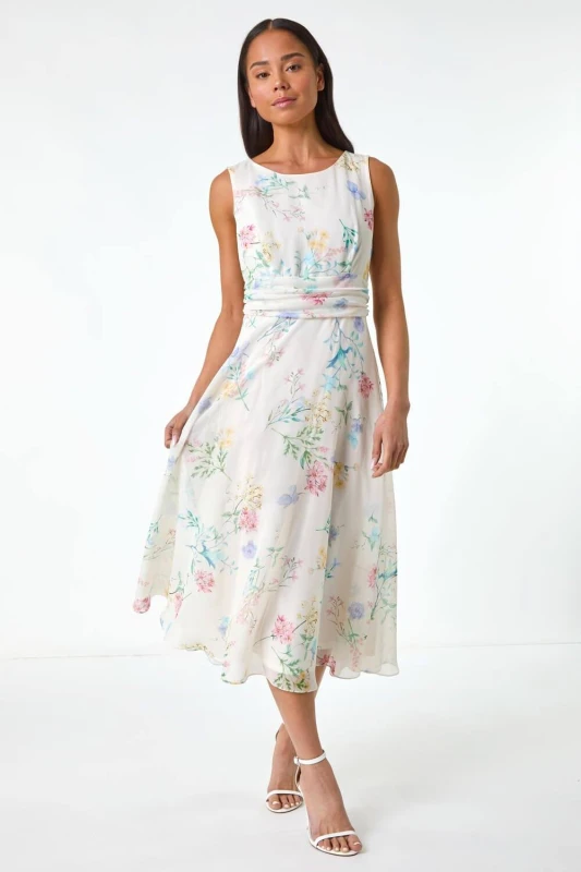 Image of Roman Womens Petite Floral Gathered Waist Midi Dress in Ivory Size: 14 Ivory Female 14