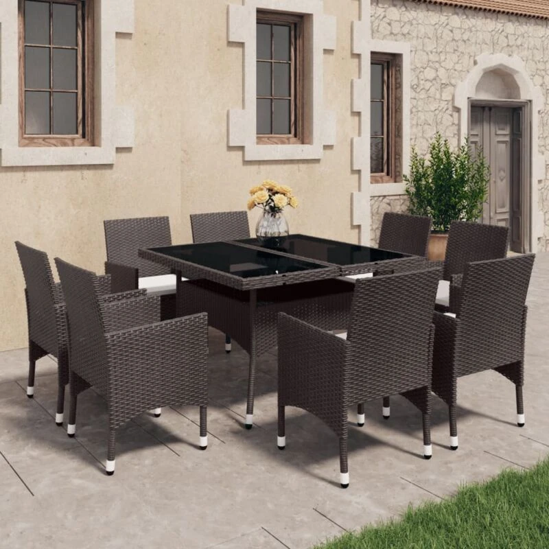 Image of VIDAXL 9 Piece Garden Dining Set Poly Rattan and Tempered Glass Brown Vidaxl 8720286852248