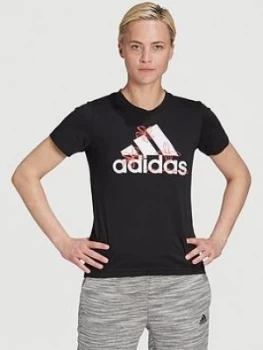 Image of adidas Badge Of Sport Floral Tee, Black, Size XL, Women