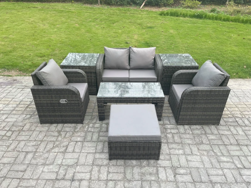 Image of Fimous Rattan Lounge Sofa Set 7 PCS Outdoor Garden Furniture Set with Rectangular Coffee Table Love Sofa 2 Side Tables Dark Grey