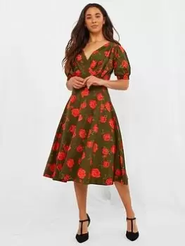 Image of Joe Browns Radiant Roses Midi Dress -green, Green, Size 14, Women
