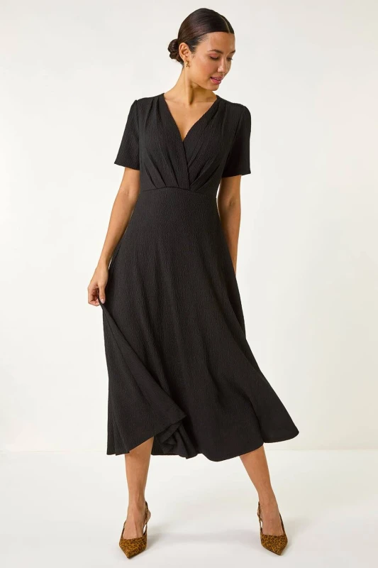 Image of Roman Womens Textured Wrap Bodice Midi Dress in Black Size: 20 Black Female 20